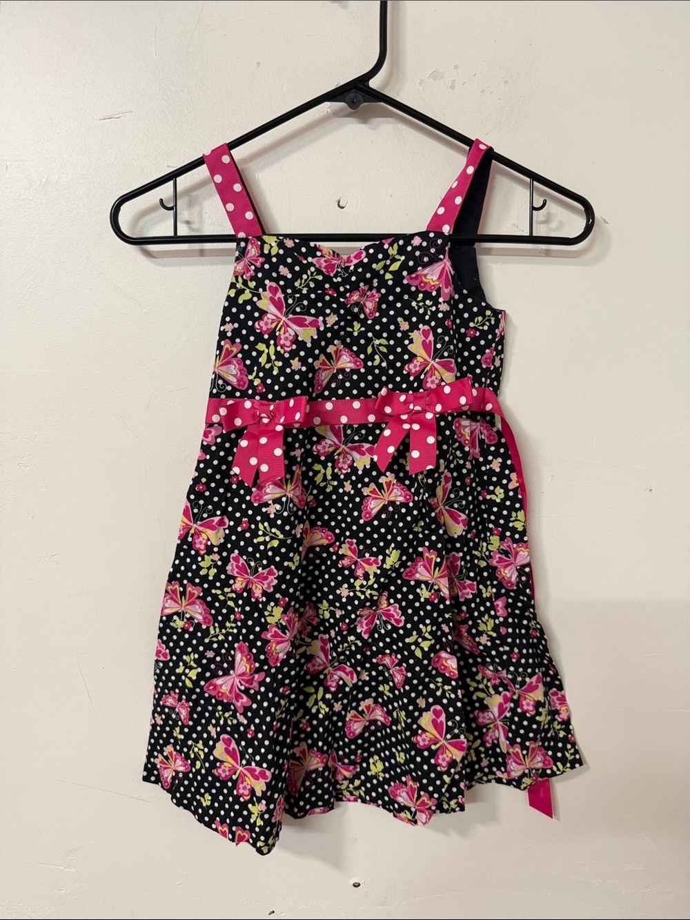 Jessica Ann Black Dress with Pink Butterfly Print and Polka Dot Accents